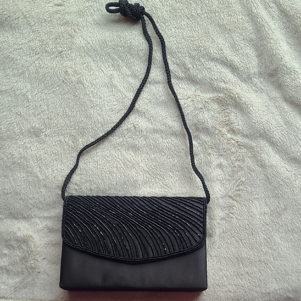 Black Satin Beaded Flap Evening Bag